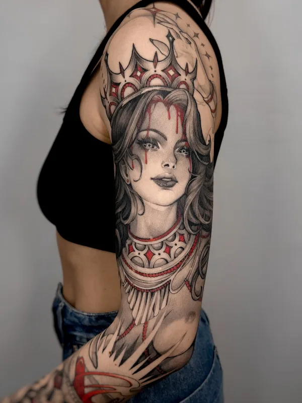 female black and grey realism tattoo auf full sleeve #99574 | Tätowierer Надежда Нестреляева