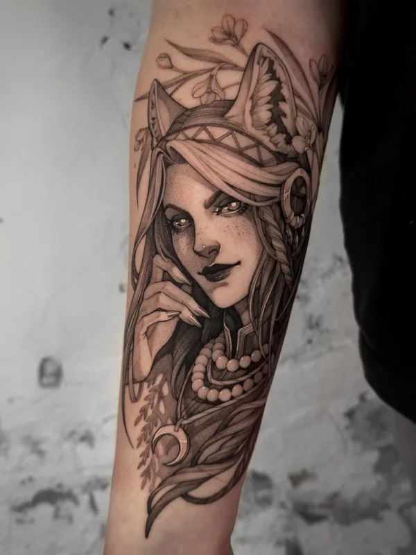 female black and grey illustrative tattoo auf forearm #99577 | Tätowierer Надежда Нестреляева