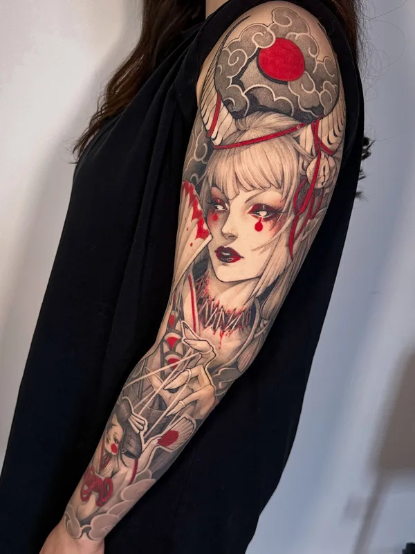 female color illustrative tattoo auf full sleeve #99580 | Tätowierer Надежда Нестреляева