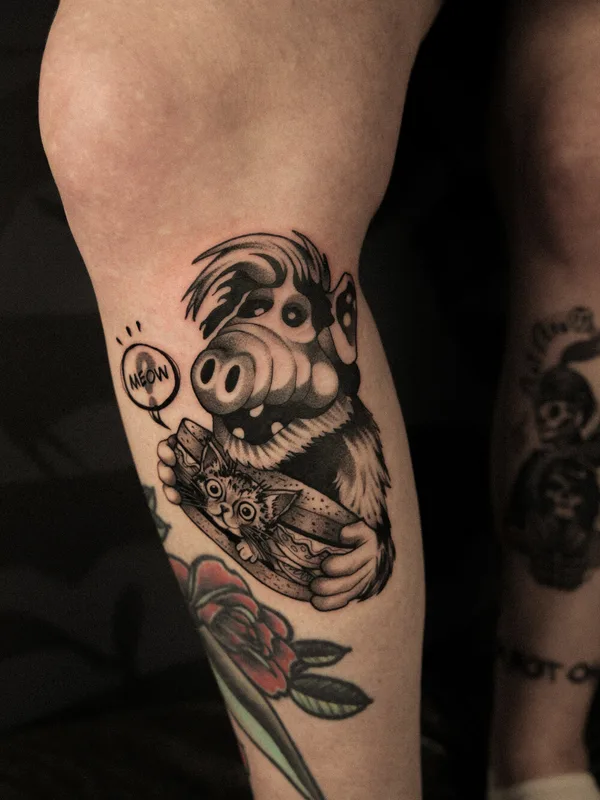 male black trash polka tattoo auf leg #104712 | Tätowierer Daria Duck
