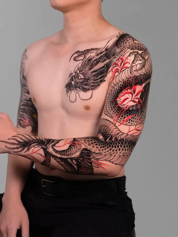 male black and grey japanese татуировка на full sleeve #96003 | Тату мастер Ivan Baiun