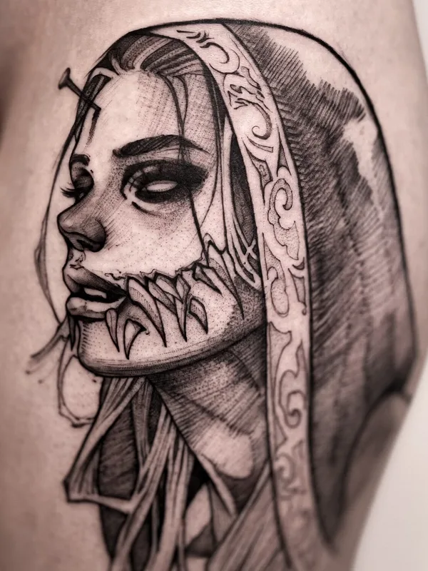 female black and grey blackwork татуировка на thigh #96426 | Тату мастер Татьяна Пузикова