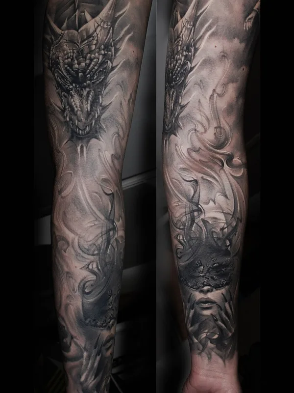 black and grey black and grey татуировка на full sleeve #101461 | Тату мастер Андрей Антракс