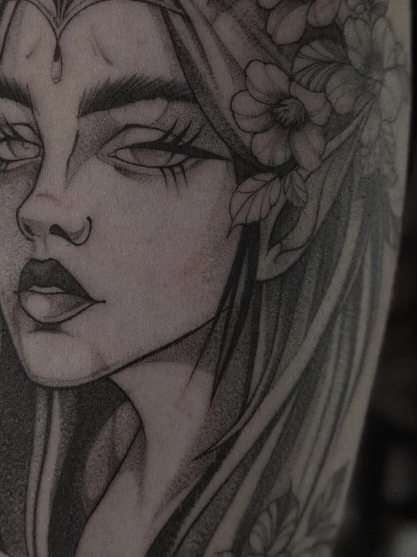 female blackandgrey graphic tattoo on shoulder #96875 | Tattoo Artist Дарья Салманова