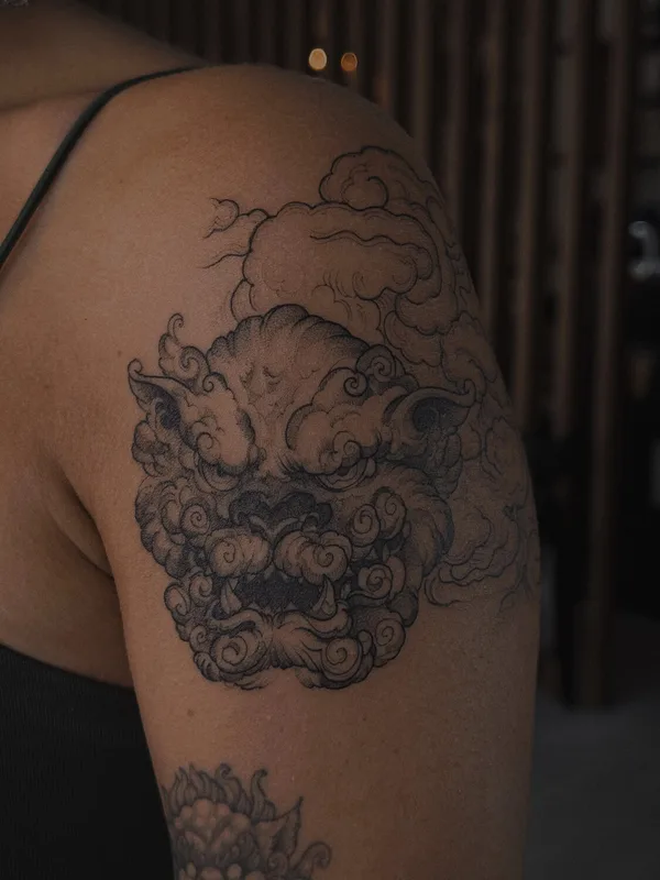 female blackandgrey graphic tattoo on shoulder #96878 | Tattoo Artist Дарья Салманова