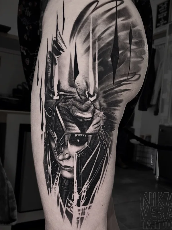female blackandgrey authorsstyle 타투 부위 thigh #97023 | 타투이스트 Nikaveratattoo
