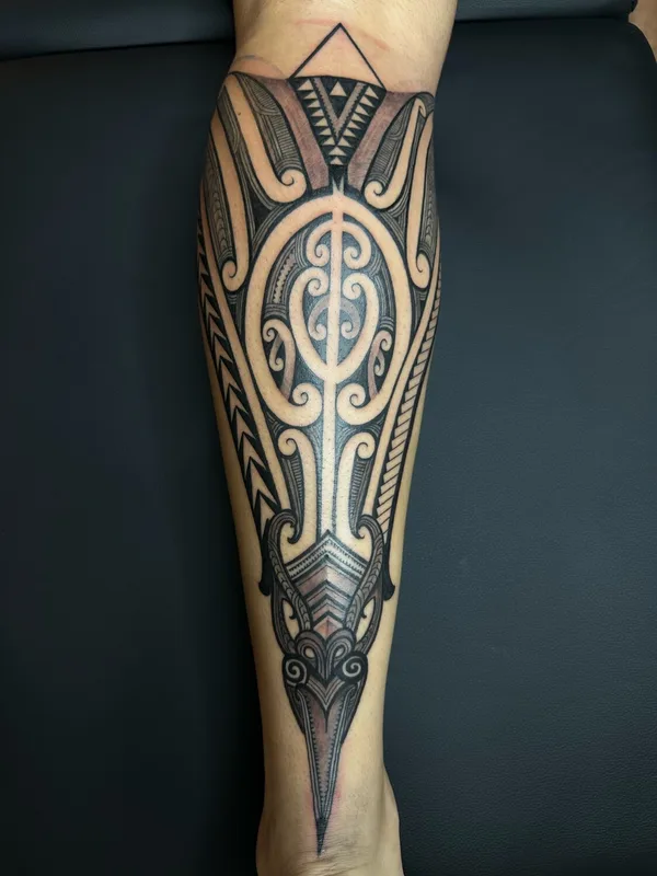 black and grey tribal tatouage sur calf #97148 | Artiste tatoueur Doko ink