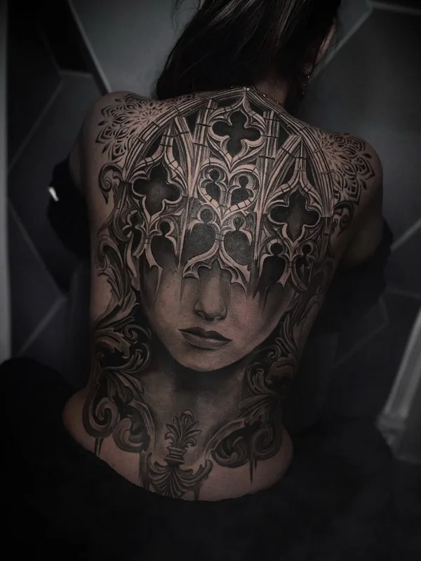 female black and grey gothic tattoo on full back #97336 | Tattoo Artist Давид Степанян