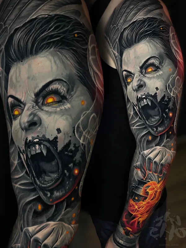 female black and grey realism tattoo on full sleeve #97406 | Tattoo Artist Александр Менгазиев