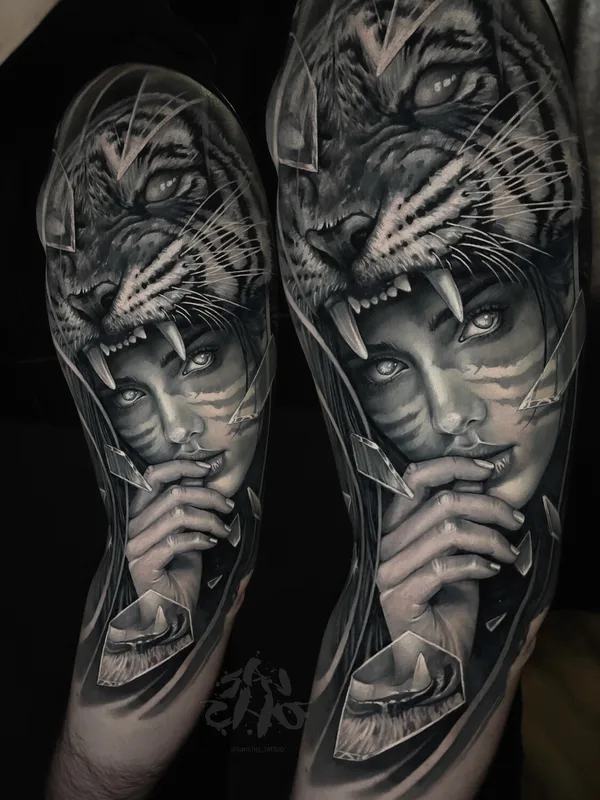 female black and grey realism tattoo on full sleeve #97408 | Tattoo Artist Александр Менгазиев