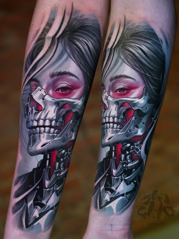 color biomechanical tattoo on forearm #97411 | Tattoo Artist Александр Менгазиев