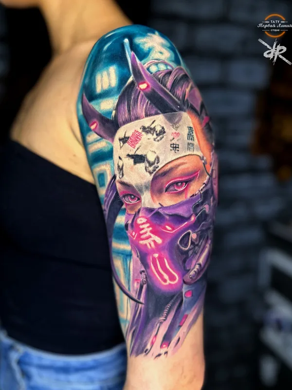 female color cyber tatouage sur full sleeve #97722 | Artiste tatoueur Роман Ramzes
