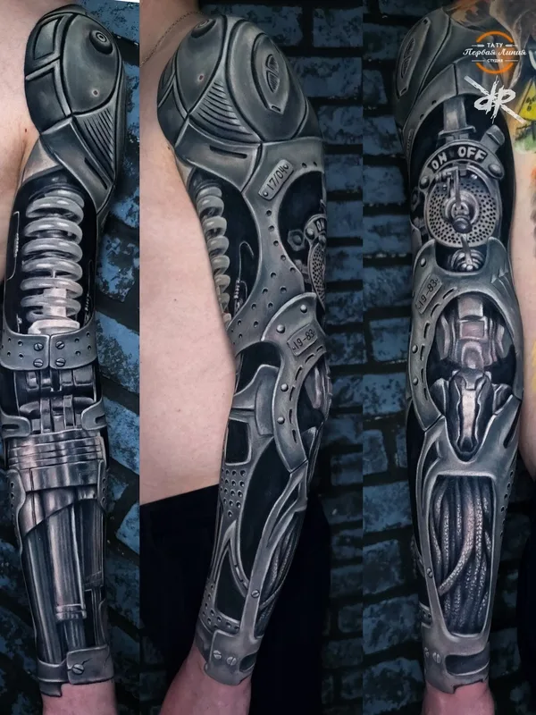 black and grey biomechanical tatouage sur full sleeve #97725 | Artiste tatoueur Роман Ramzes
