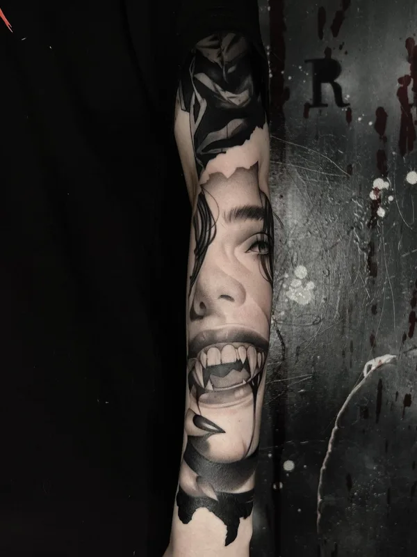 female blackandgrey portrait tattoo on forearm #98145 | Tattoo Artist Александр Кучин