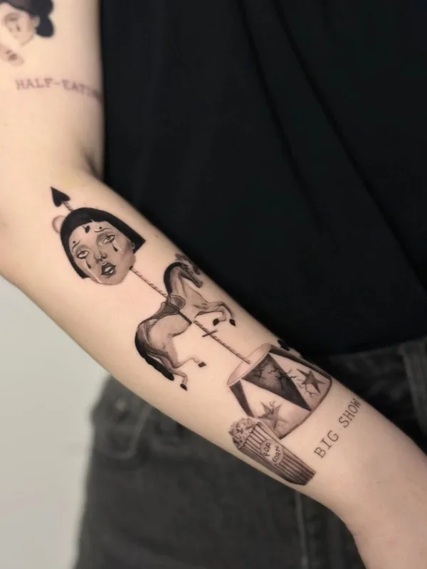 black and grey illustrative Tatuagem em forearm #98623 | Tatuador Виктория Трещева 