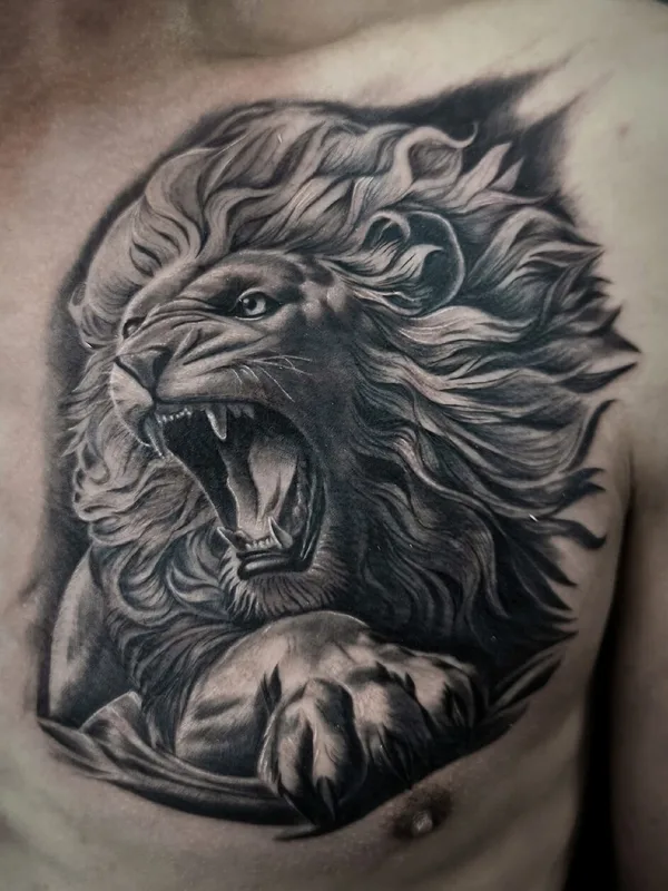 male black and grey realism tattoo auf chest #99703 | Tätowierer Андрей Смолин