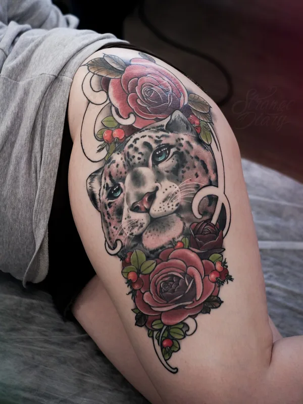 female color neotraditional tattoo auf thigh #99679 | Tätowierer Алексей Strange Diary