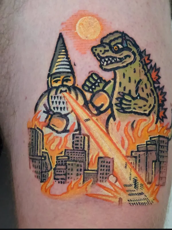 color illustrative tattoo on thigh #99812 | Tattoo Artist koblin