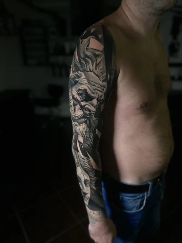 male blackandgrey realism татуировка на sleeve #99963 | Тату мастер Александр Лысов