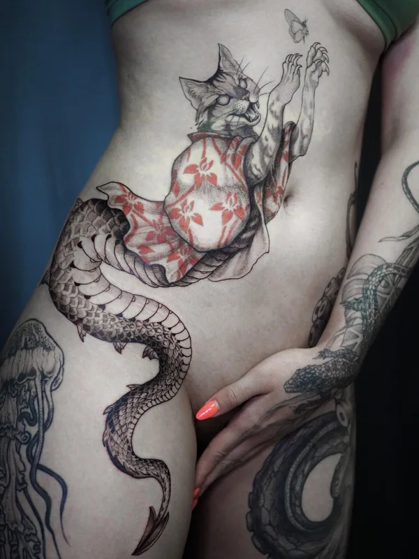 female black and grey japanese татуировка на stomach #100120 | Тату мастер Ирина Матвеева 