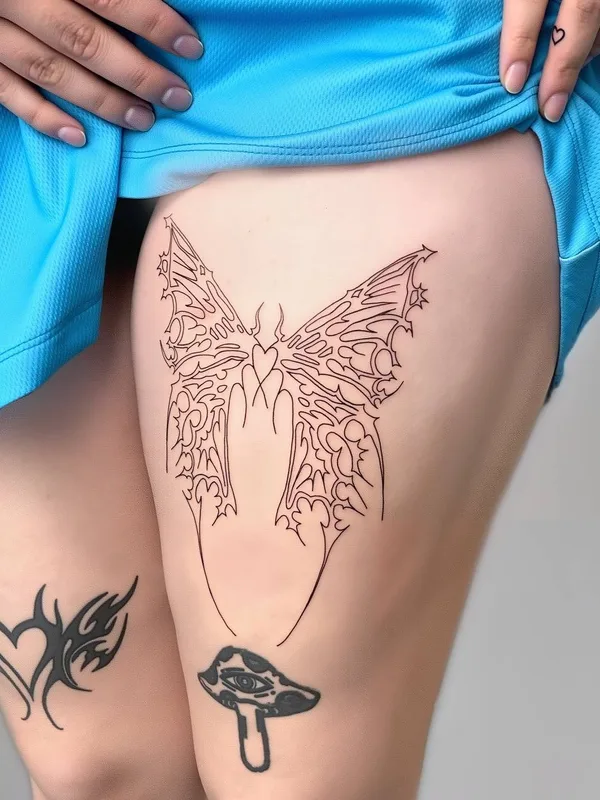 female black linework татуировка на thigh #100225 | Тату мастер Глеб Гусаков