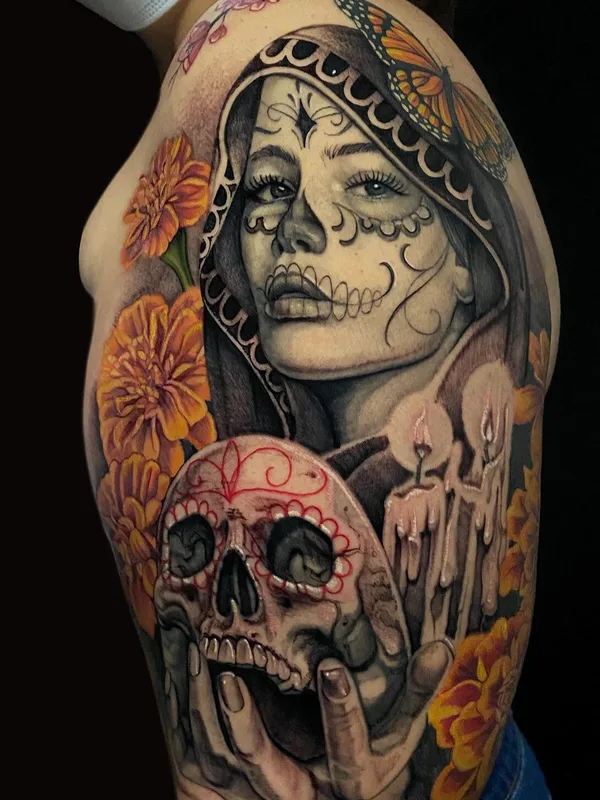 female blackandgrey realism татуировка на biceps #101043 | Тату мастер Melissa Reyes