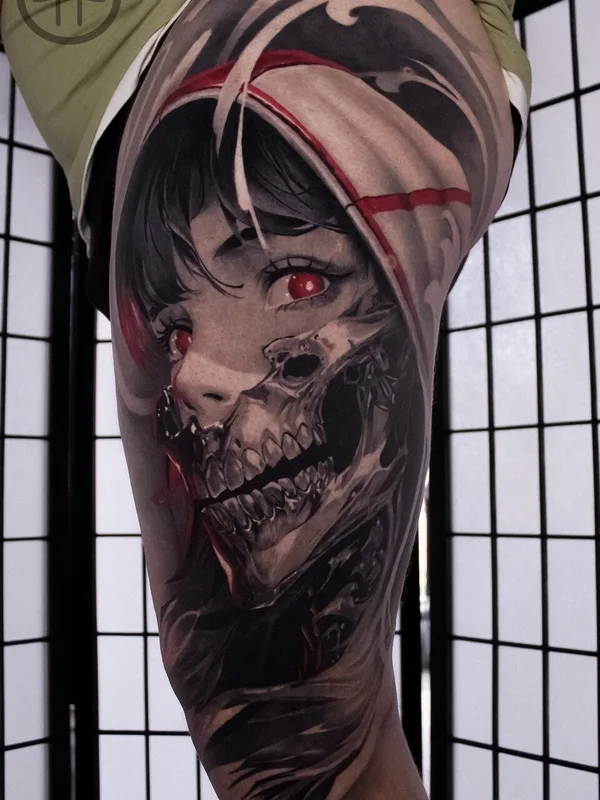 blackandgrey realism татуировка на thigh #101063 | Тату мастер Павел Костюк 
