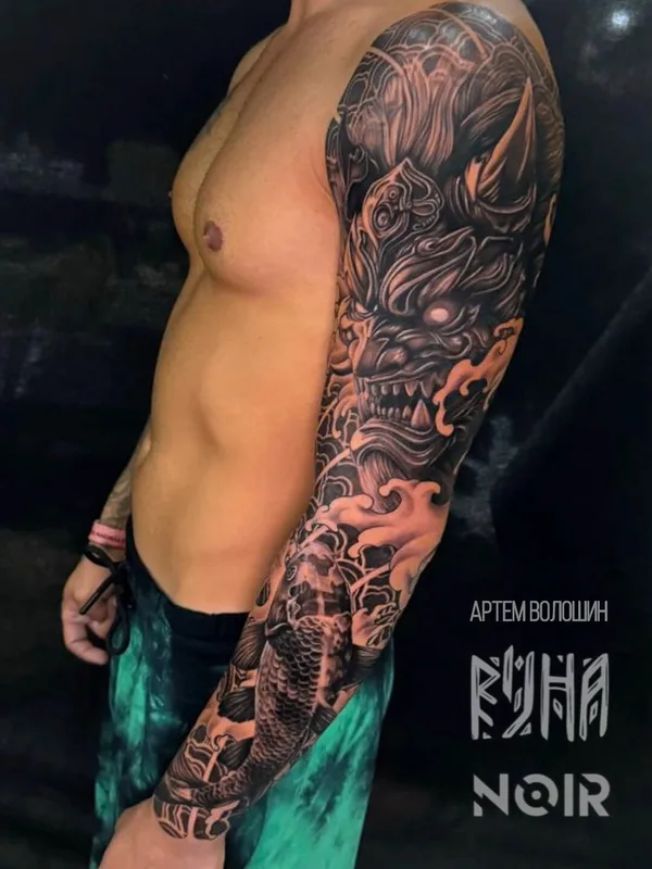 male black and grey japanese Tatuagem em full sleeve #101107 | Tatuador Артем Волошин