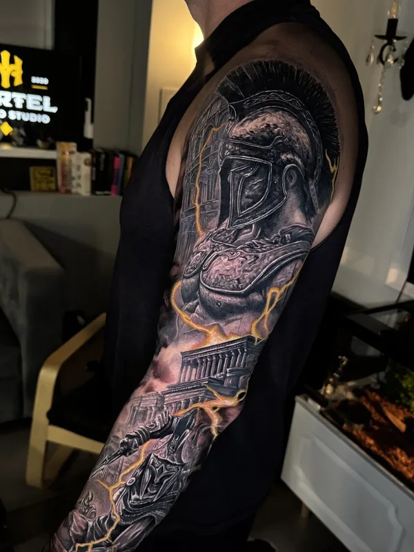 male black and grey realism Tatuagem em full sleeve #101112 | Tatuador Артем Волошин