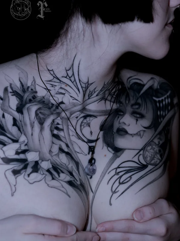female blackandgrey authorsstyle Tatuagem em breast #101660 | Tatuador Катя Соболь