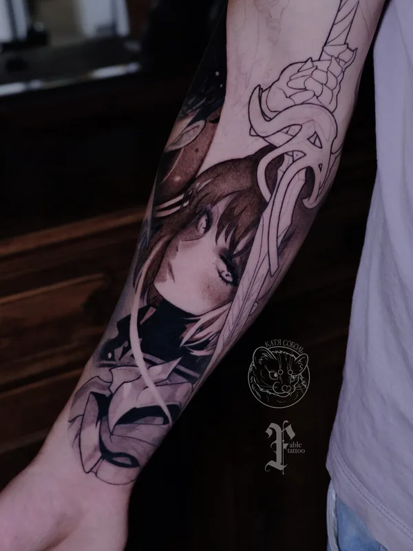 male blackandgrey anime Tatuagem em forearm #101666 | Tatuador Катя Соболь