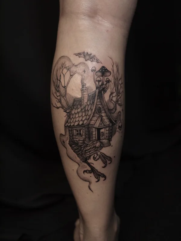 female blackandgrey blackwork tattoo auf calf #103431 | Tätowierer Valeriia Radchenko