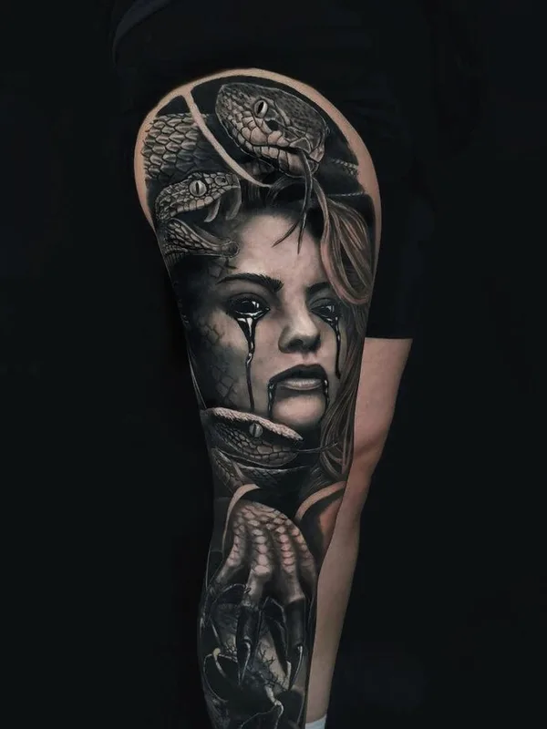 female blackandgrey realism Tatuagem em leg #103838 | Tatuador Marin Yordanov - Yordanov Arts