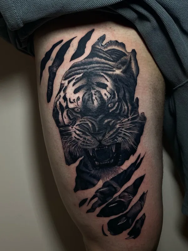 male black realism 纹身 在 thigh #104248 | 纹身师 Евгений Колодкин