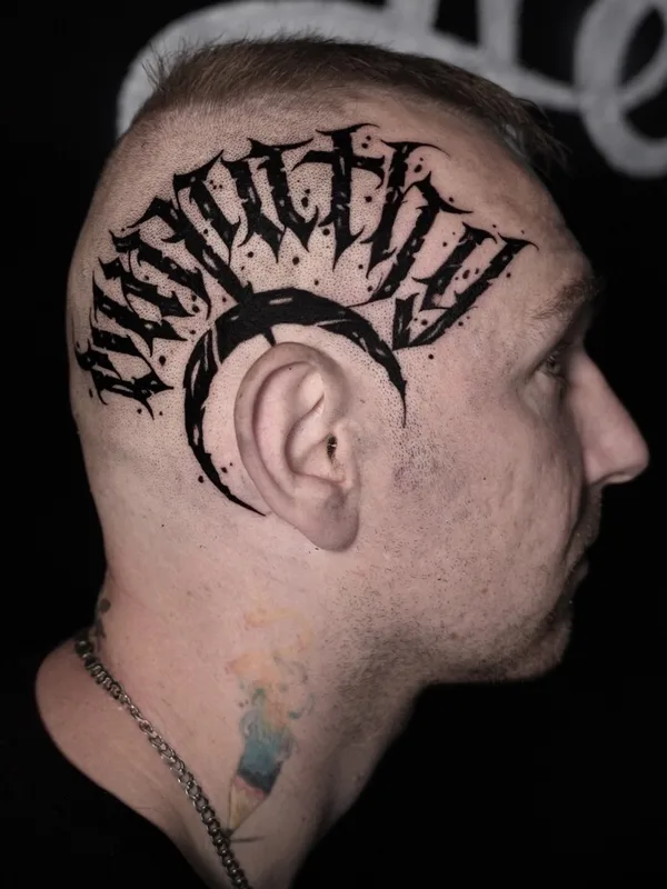 male black lettering татуировка на head #104309 | Тату мастер Молли Свобода 