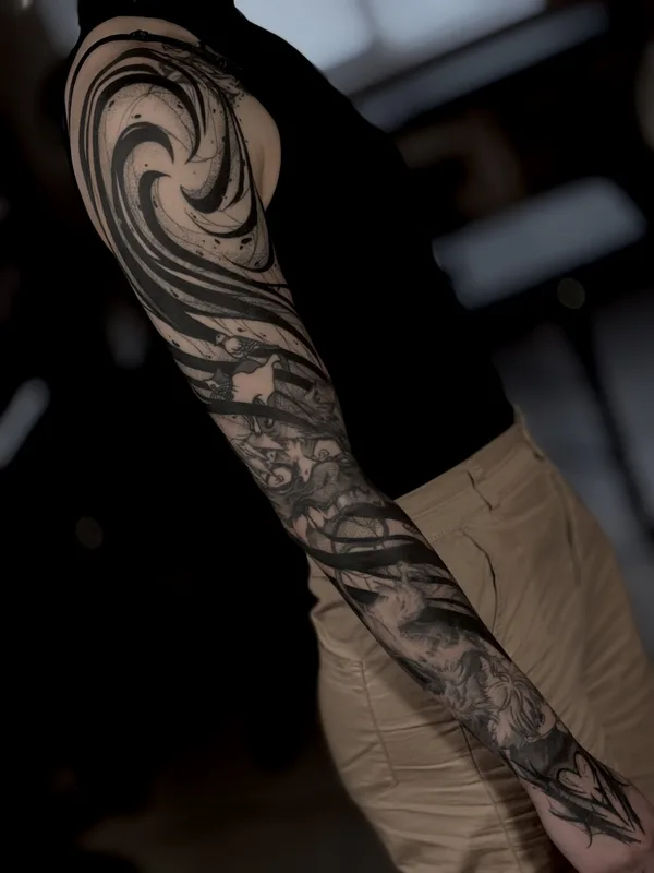 black and grey abstract tattoo on full sleeve #98704 | Tattoo Artist Денис Норд