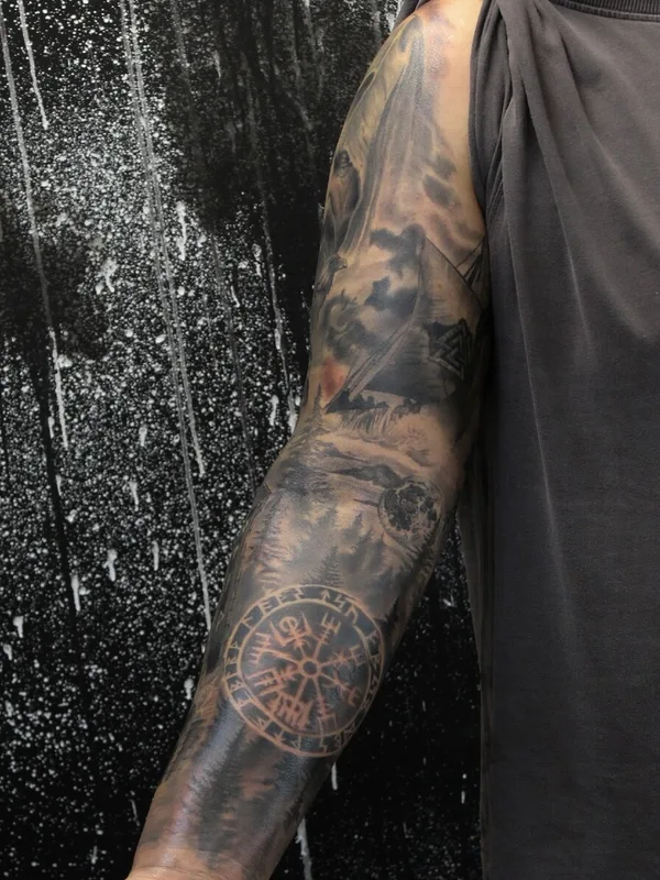 black and grey black and grey татуировка на full sleeve #94614 | Тату мастер Даниил Иванов