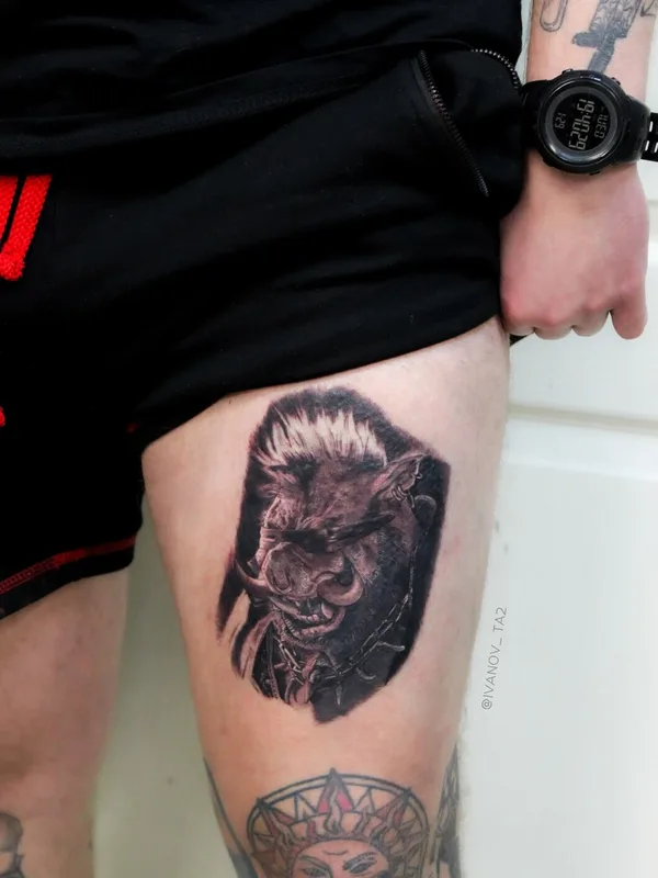 male black and grey realism татуировка на thigh #94618 | Тату мастер Даниил Иванов