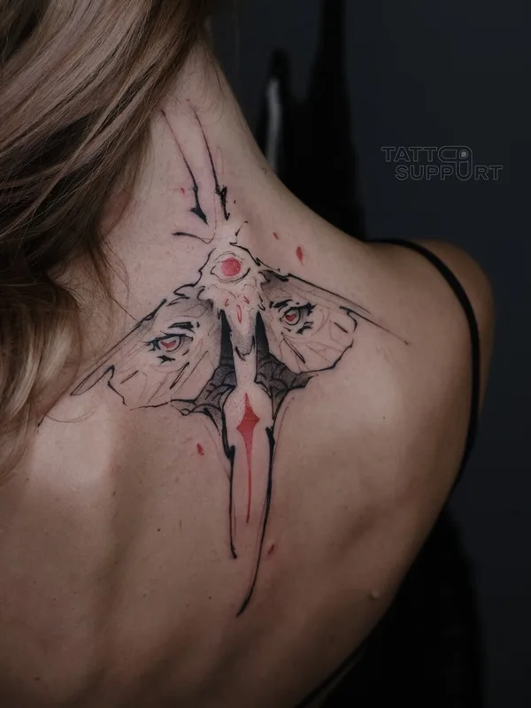 female color sketch tattoo on upper back #97131 | Tattoo Artist Михаил Моррисон