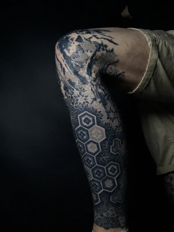 black and grey geometric tattoo on full leg #95870 | Tattoo Artist Ульященков Владимир 