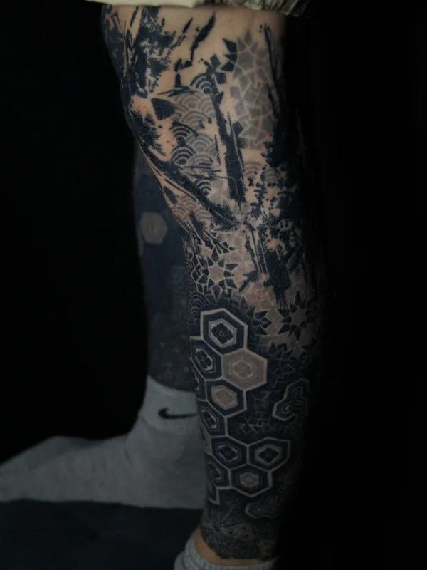 black and grey geometric tattoo on full leg #95872 | Tattoo Artist Ульященков Владимир 