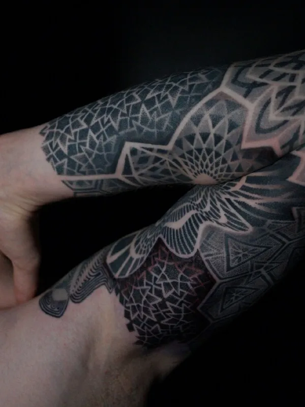 male black and grey geometric tattoo on full sleeve #95873 | Tattoo Artist Ульященков Владимир 