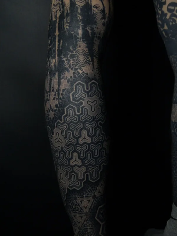black blackwork tattoo on full leg #95874 | Tattoo Artist Ульященков Владимир 