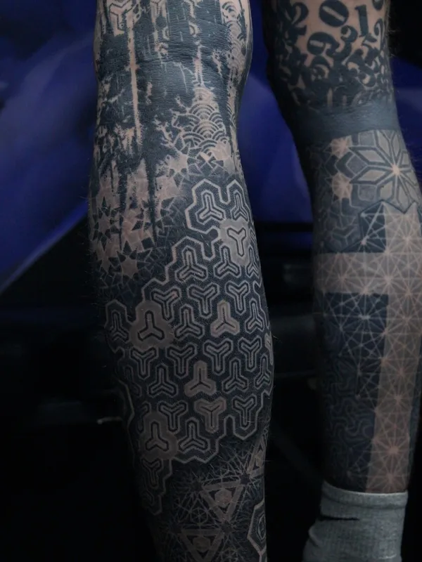 black blackwork tattoo on full leg #95871 | Tattoo Artist Ульященков Владимир 