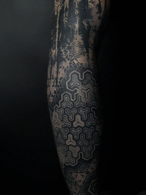 black blackwork tattoo on full leg #95875 | Tattoo Artist Ульященков Владимир 