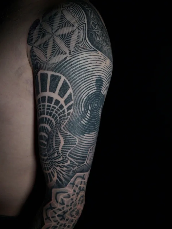 black and grey geometric tattoo on full sleeve #95876 | Tattoo Artist Ульященков Владимир 