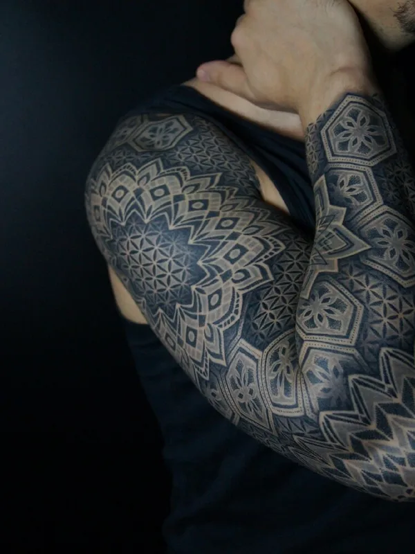 male black and grey geometric tattoo on full sleeve #95877 | Tattoo Artist Ульященков Владимир 