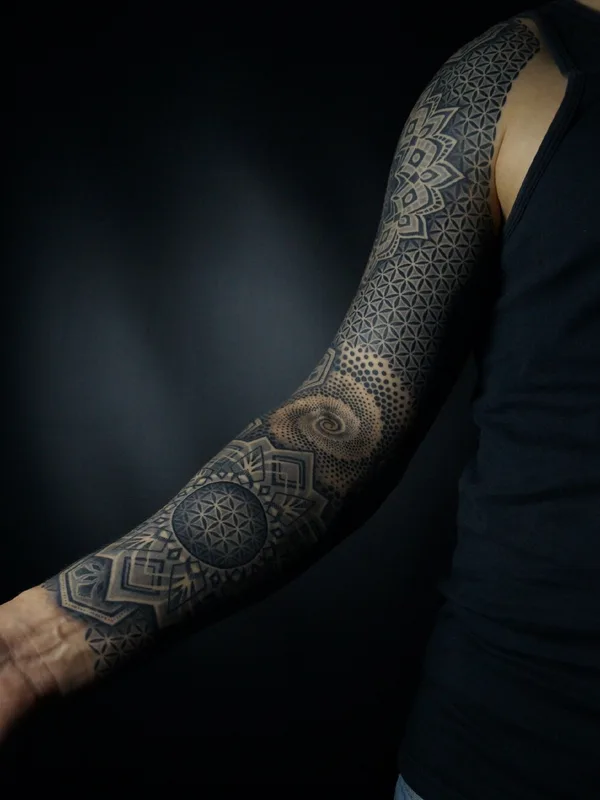 black and grey geometric tattoo on full sleeve #95878 | Tattoo Artist Ульященков Владимир 