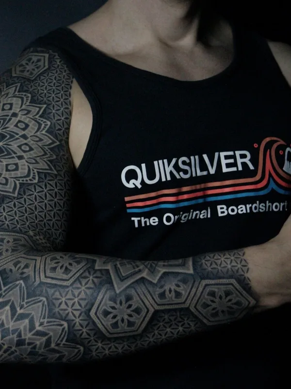 black and grey geometric tattoo on full sleeve #95879 | Tattoo Artist Ульященков Владимир 