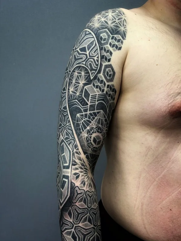 male black and grey geometric tattoo on full sleeve #95880 | Tattoo Artist Ульященков Владимир 